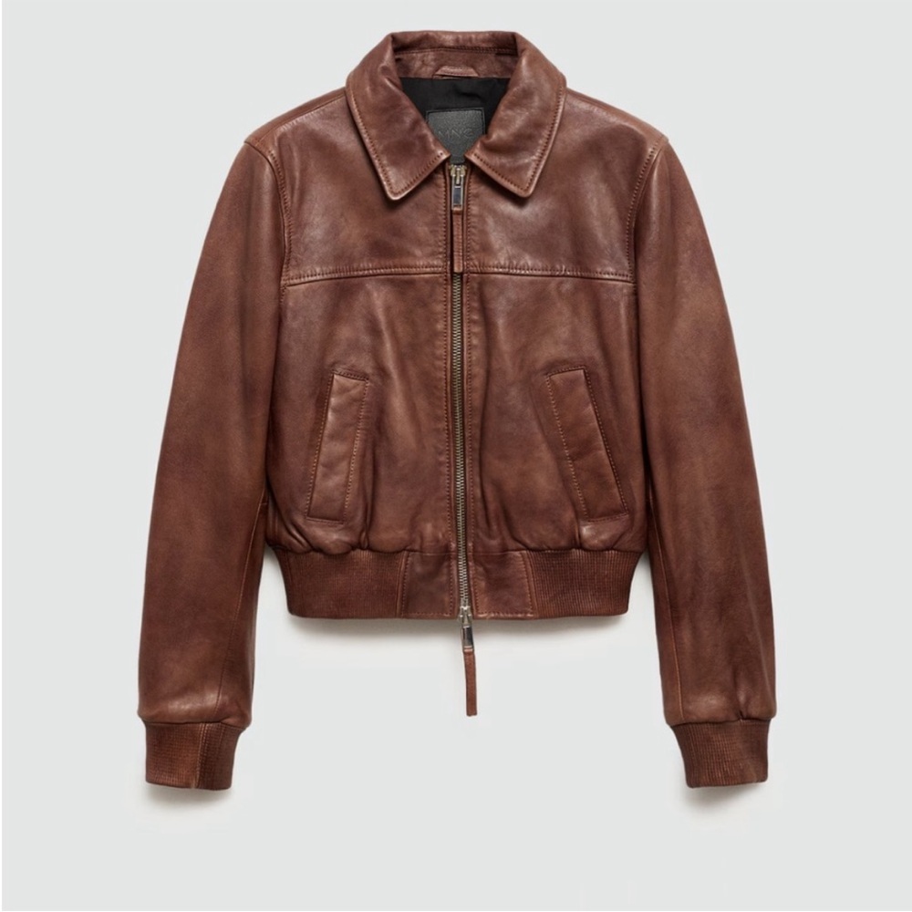 Mango 100% Leather Distressed Bomber Jacket